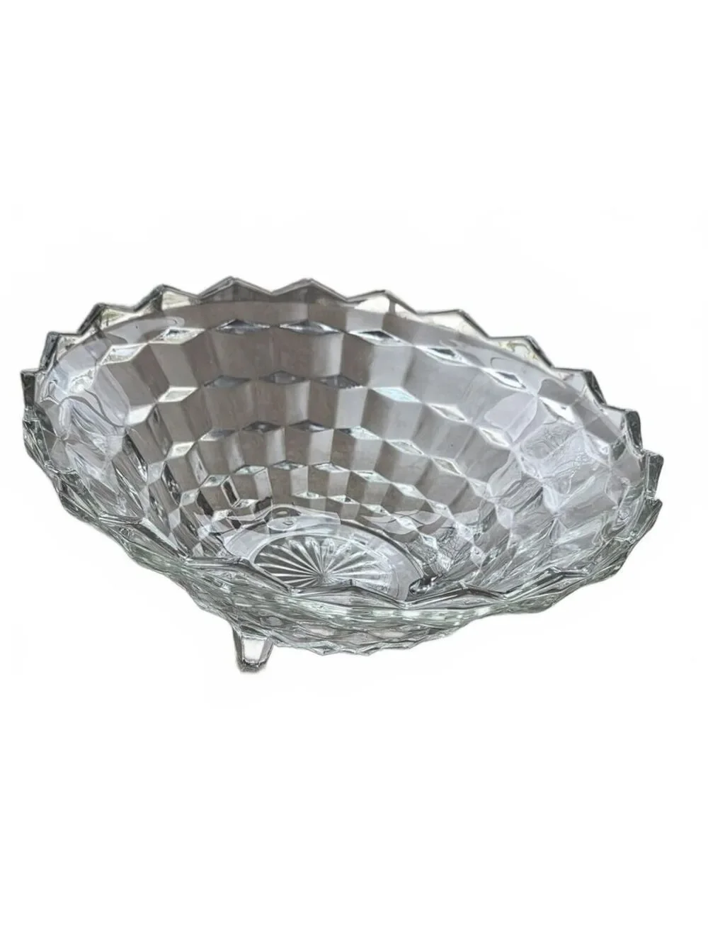 Vintage Clear Glass Footed Serving Bowl Cubist Diamond Point